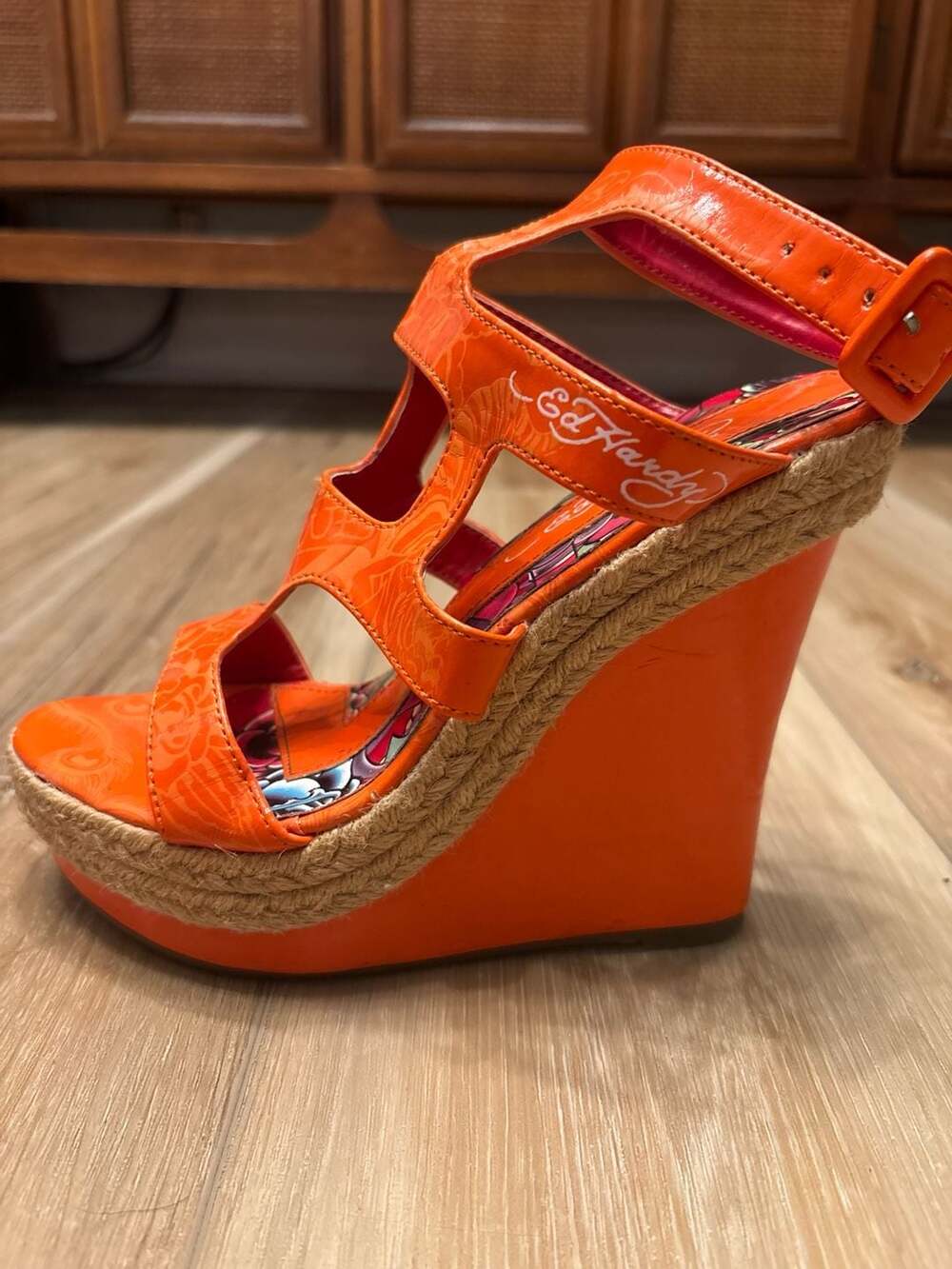 RARE Ed Hardy Orange Patent Leather Espadrille Platform Wedge Sandals